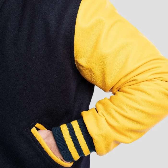 Black Wool Body & Lemon Leather Sleeves Varsity Jacket