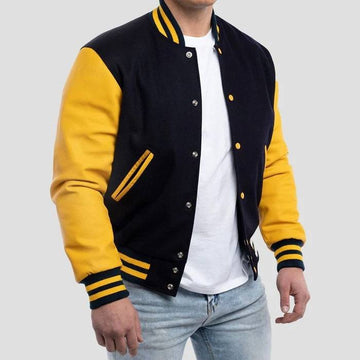 Black Wool Body & Lemon Leather Sleeves Varsity Jacket