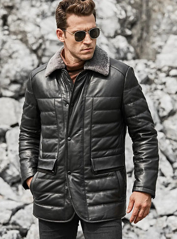 Boston Men's Black Real Leather Puffer Coat with Fur Collar