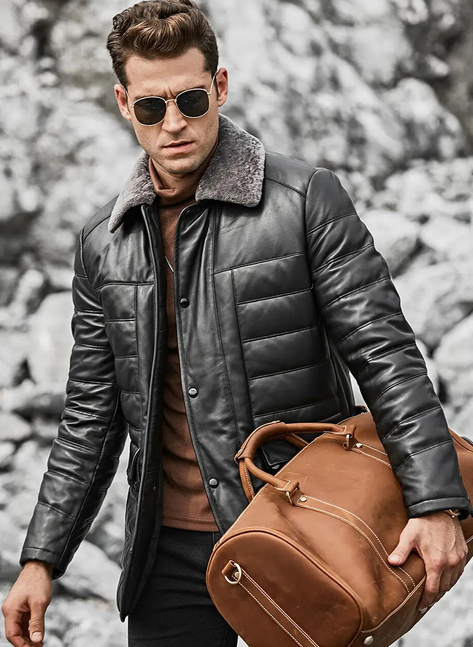 Boston Men's Black Real Leather Puffer Coat with Fur Collar