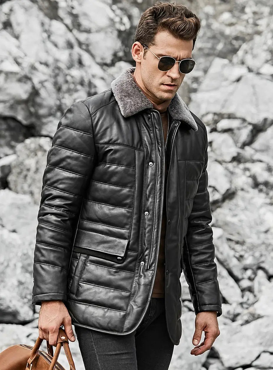 Boston Men's Black Real Leather Puffer Coat with Fur Collar