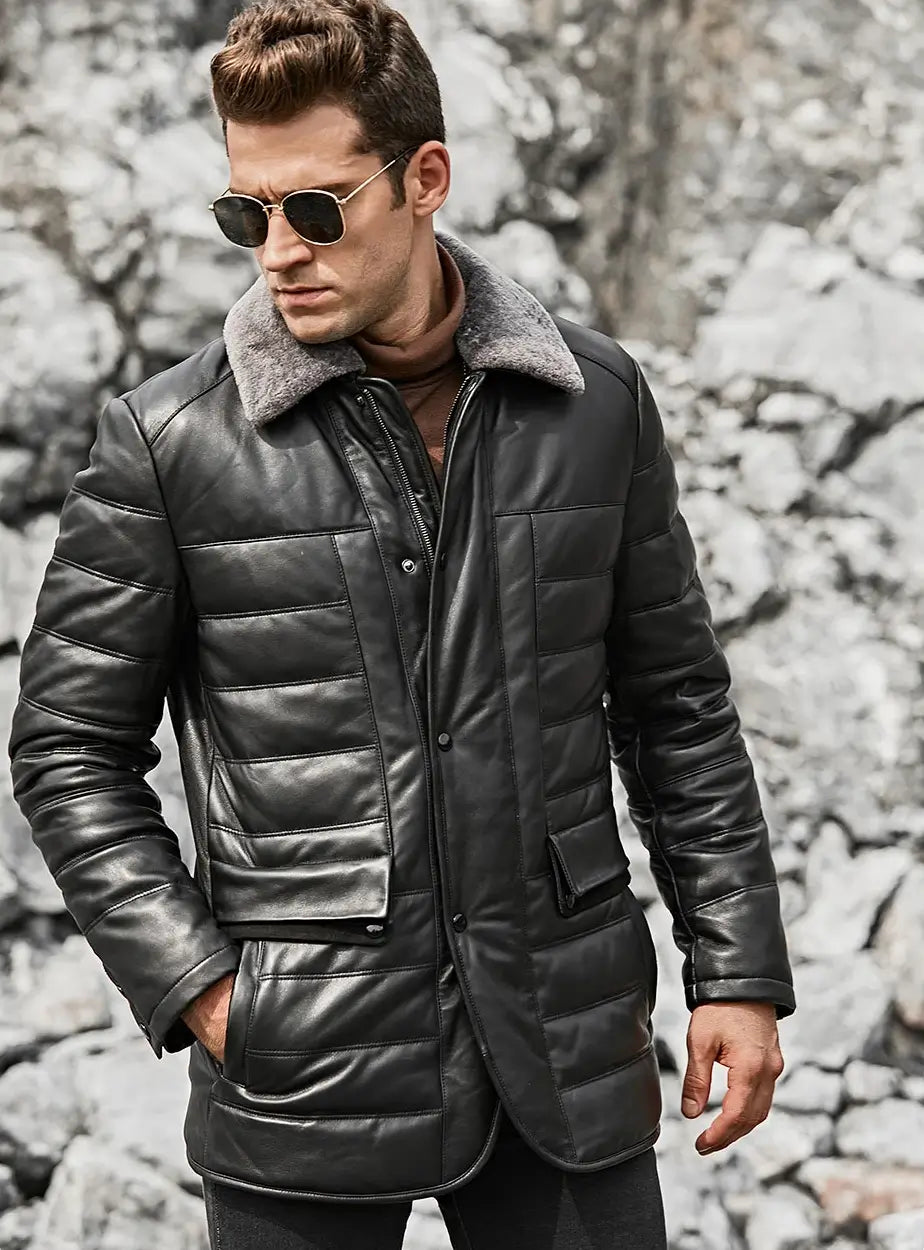 Boston Men's Black Real Leather Puffer Coat with Fur Collar