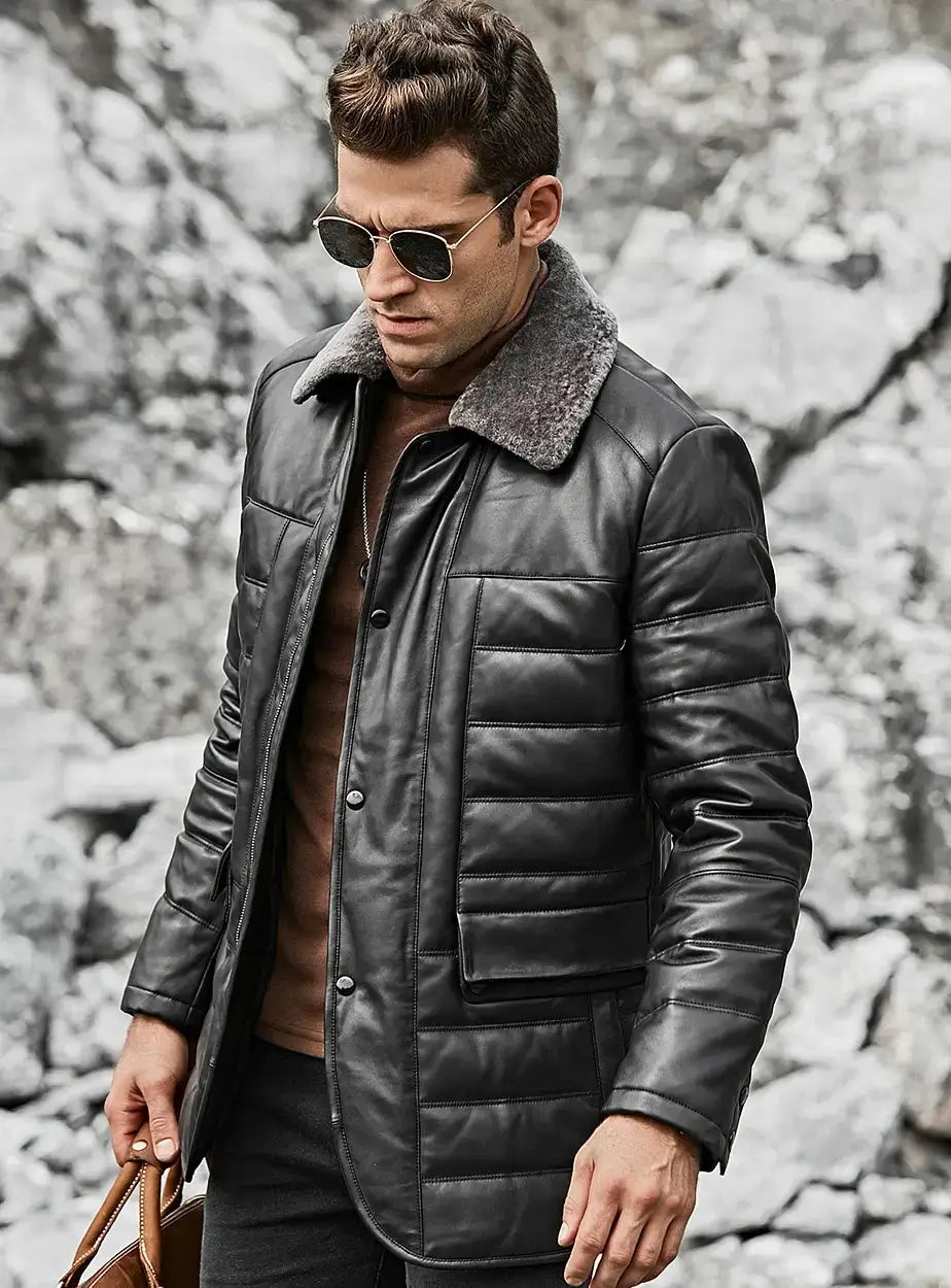 Boston Men's Black Real Leather Puffer Coat with Fur Collar