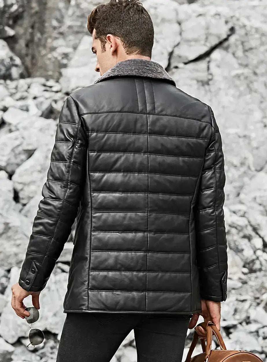 Boston Men's Black Real Leather Puffer Coat with Fur Collar
