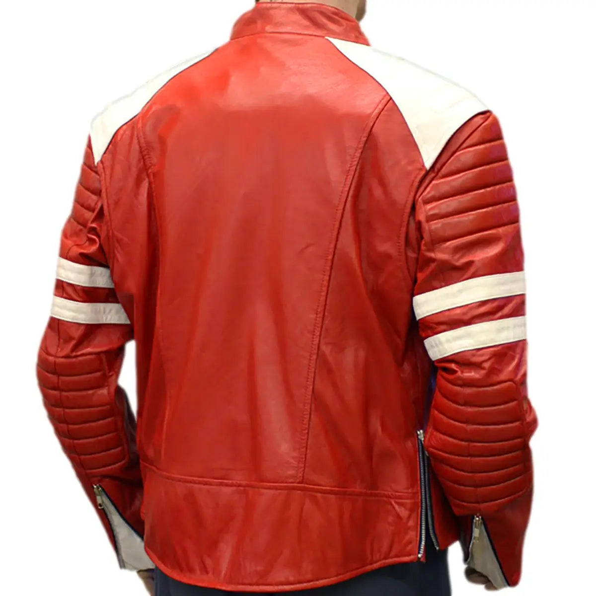 Brad Pitts Tyler Durden Fight Club Mayhem Red & White Leather Jacket (Inspired Style)