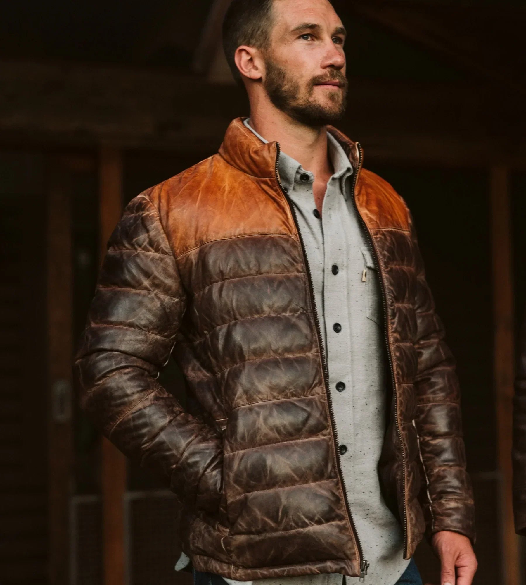 Bridger Men's Tan and Brown Leather Puffer Jacket