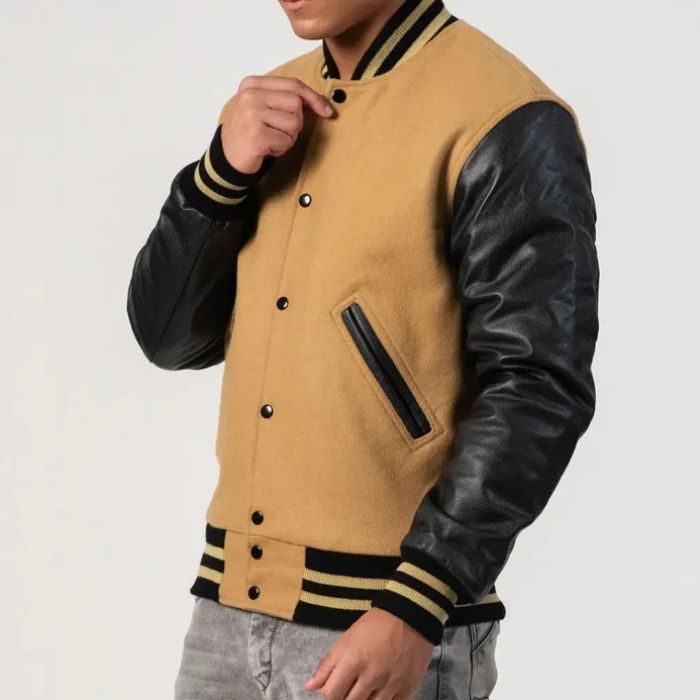 Camel Wool Body & Black Leather Sleeves Varsity Jacket