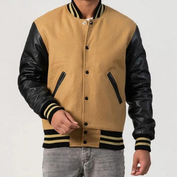 Camel Wool Body & Black Leather Sleeves Varsity Jacket