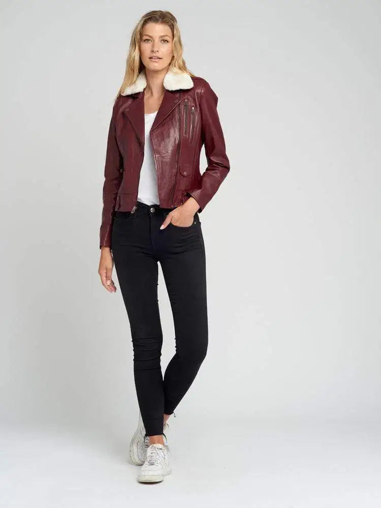Womens Shearling Fur Collared Maroon Biker Leather Jacket