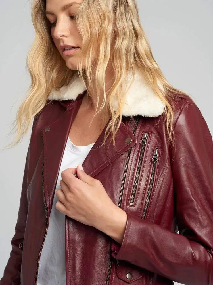 Womens Shearling Fur Collared Maroon Biker Leather Jacket