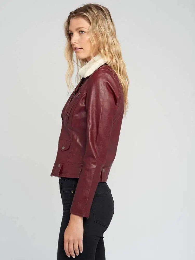 Womens Shearling Fur Collared Maroon Biker Leather Jacket