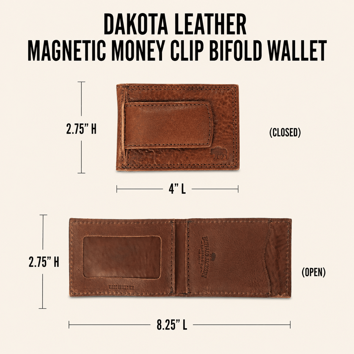 Dakota Leather Magnetic Money Clip Bifold Wallet | Chestnut Brown