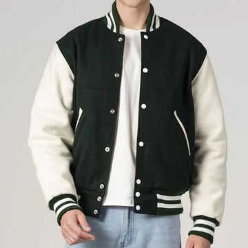Emerald Green & White All-Wool Customizable Varsity Jacket