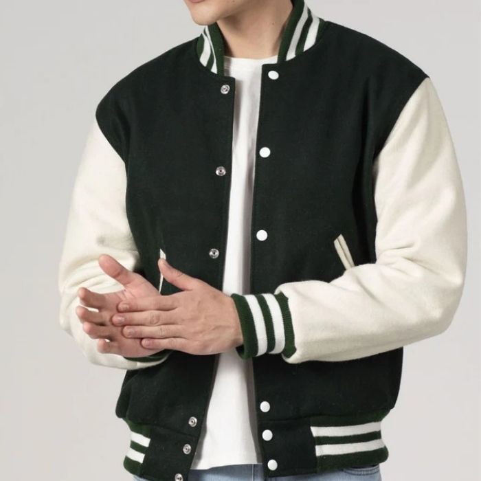 Emerald Green & White All-Wool Customizable Varsity Jacket