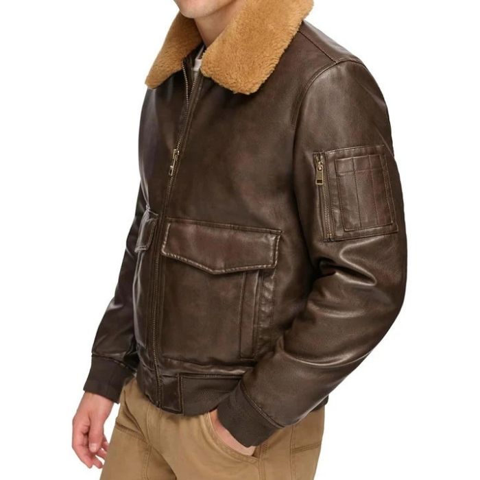 Men's Fur Collar Leather Bomber Jacket