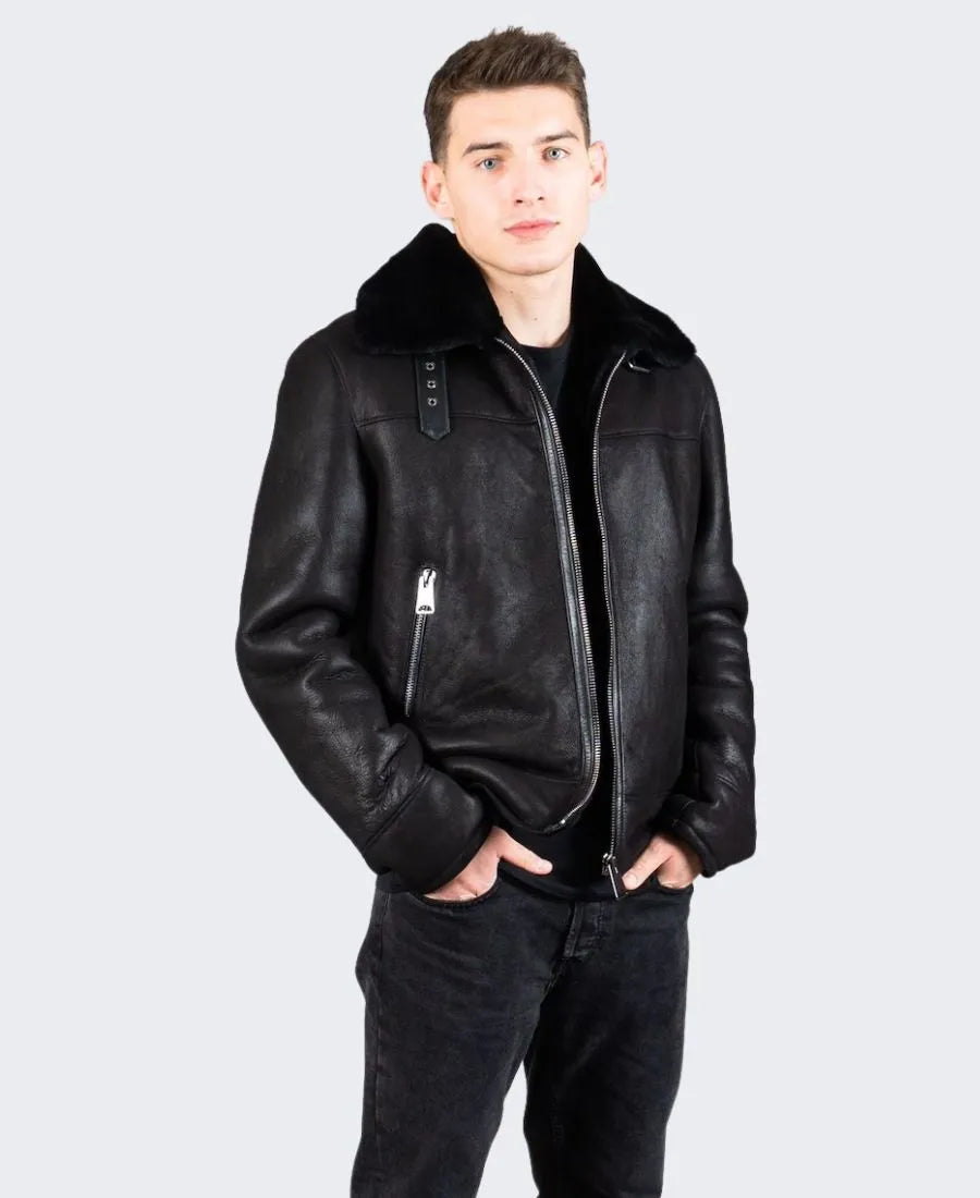Men's Jet Black Sheepskin Shearling Leather Jacket