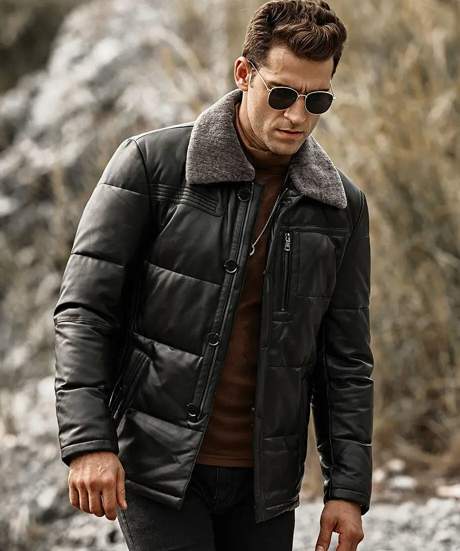 Memphis Men’s Black Real Leather Puffer Coat with removable Fur Collar