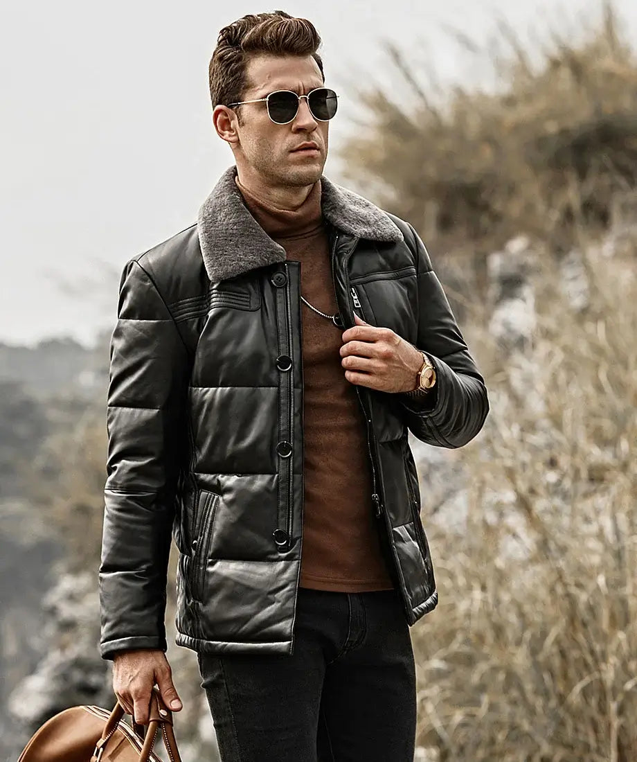 Memphis Men’s Black Real Leather Puffer Coat with removable Fur Collar