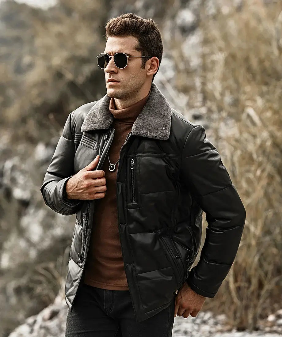Memphis Men’s Black Real Leather Puffer Coat with removable Fur Collar