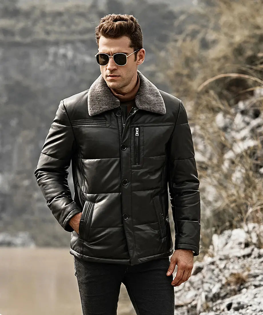 Memphis Men’s Black Real Leather Puffer Coat with removable Fur Collar