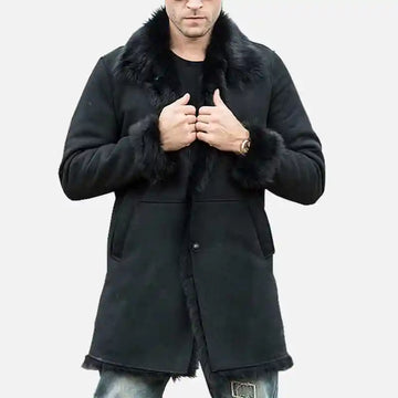 Men’s Black Shearling Fur Suede Leather Trench Coat