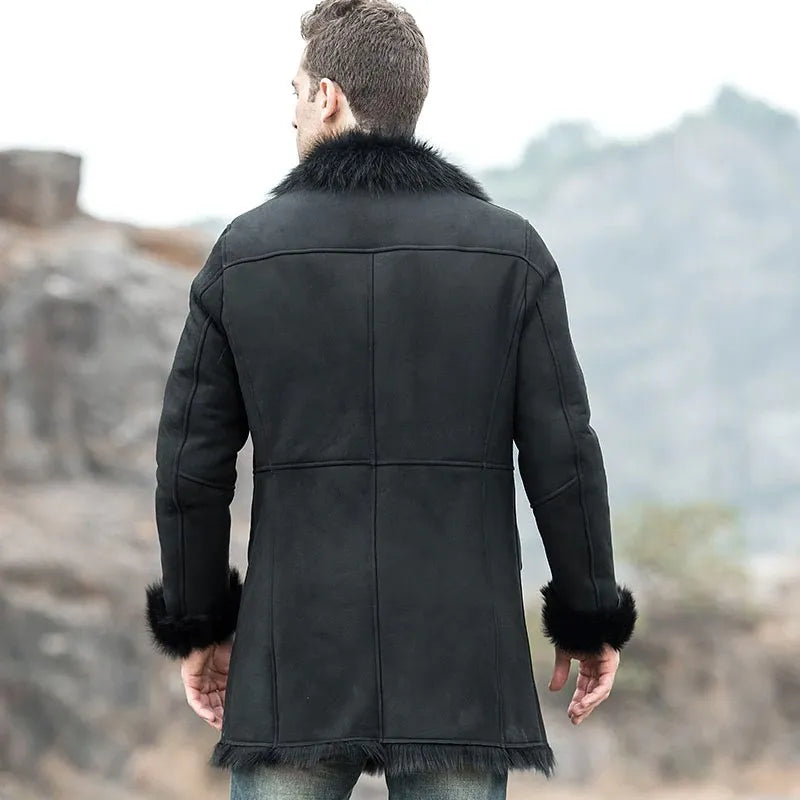 Men’s Black Shearling Fur Suede Leather Trench Coat