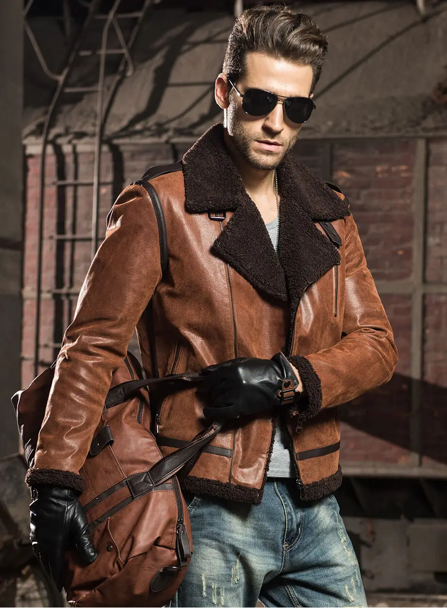 Men’s Brown Faux Shearling Sheepskin Leather Jacket