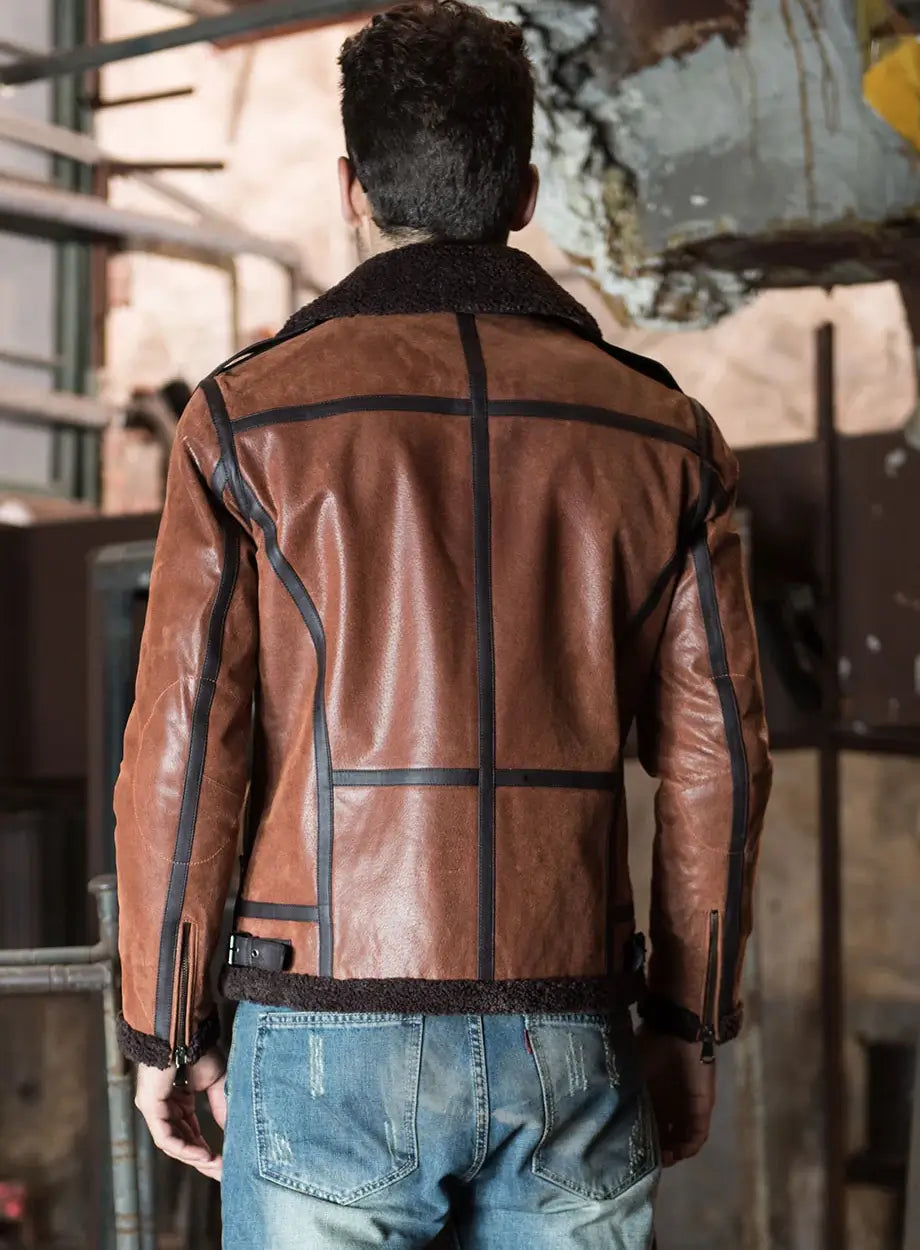 Men’s Brown Faux Shearling Sheepskin Leather Jacket