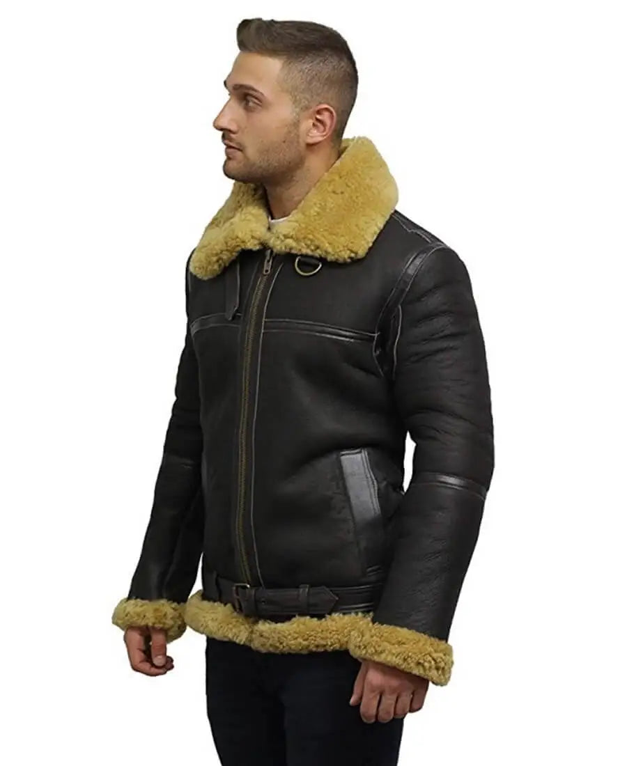Men’s Faux Shearling Sheepskin Bomber Leather Jacket