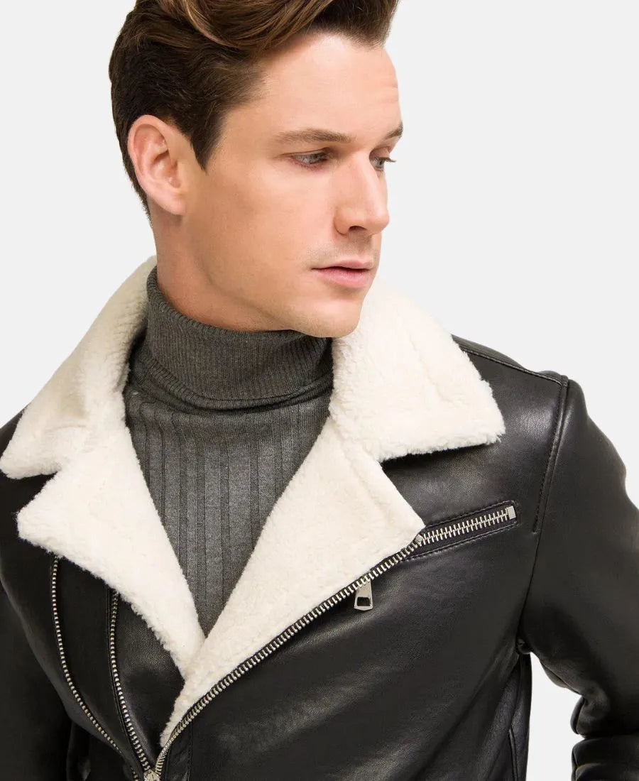 Black Moto Style Real Shearling Leather Jacket