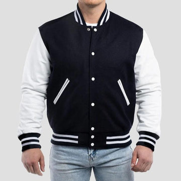 Black Wool Body & Bright White Leather Sleeves Varsity Jacket