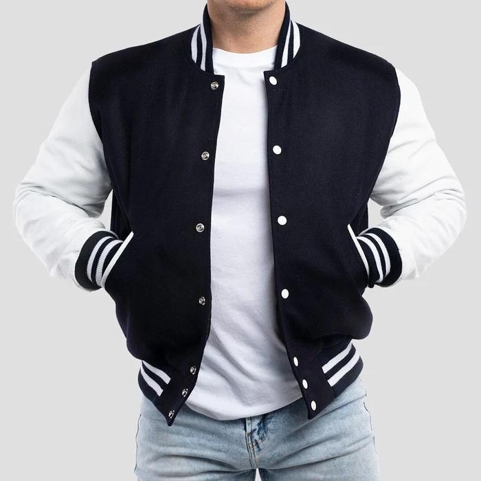 Black Wool Body & Bright White Leather Sleeves Varsity Jacket