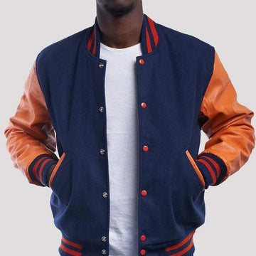 Navy Blue Wool Body & Orange Leather Sleeves Stripes Varsity Jacket