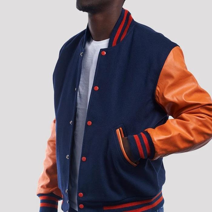 Navy Blue Wool Body & Orange Leather Sleeves Stripes Varsity Jacket