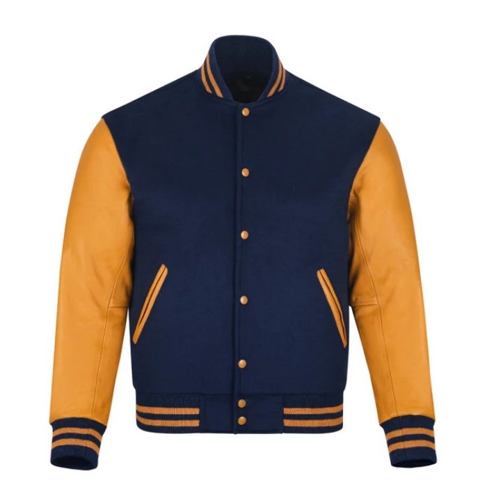 Navy Blue Wool Body & Bright Gold Leather Sleeves Varsity Jacket