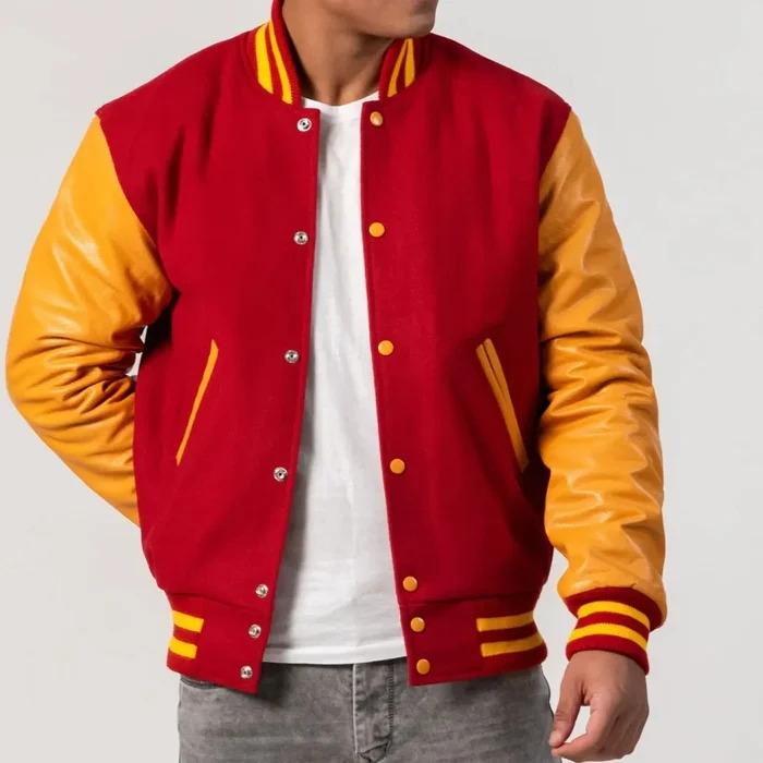 Red Body & Bright Gold Leather Sleeves Varsity Jacket