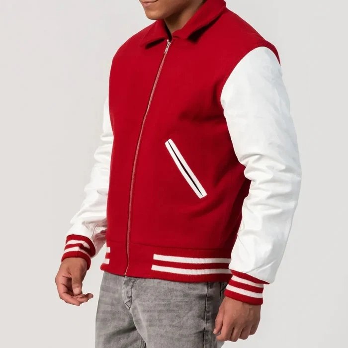 Red Wool Body & White Leather Sleeves Zipper Style Collar Jacket