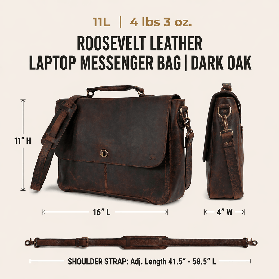 Roosevelt Full-Grain Leather Laptop Messenger Bag — Fits 15” Laptop | Dark Oak