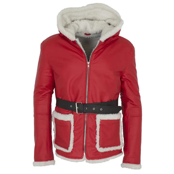 Santa Red Shearling Faux Fur Leather Jacket