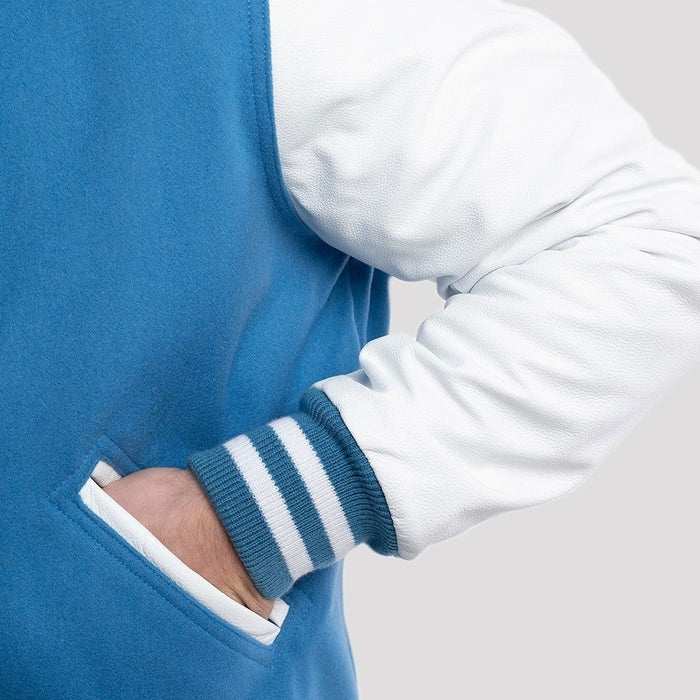 Sky Blue Wool Body & Bright White Leather Sleeves Varsity Jacket