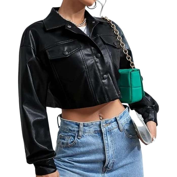 Women's Black Buttoned Up Leather Cropped Jacket