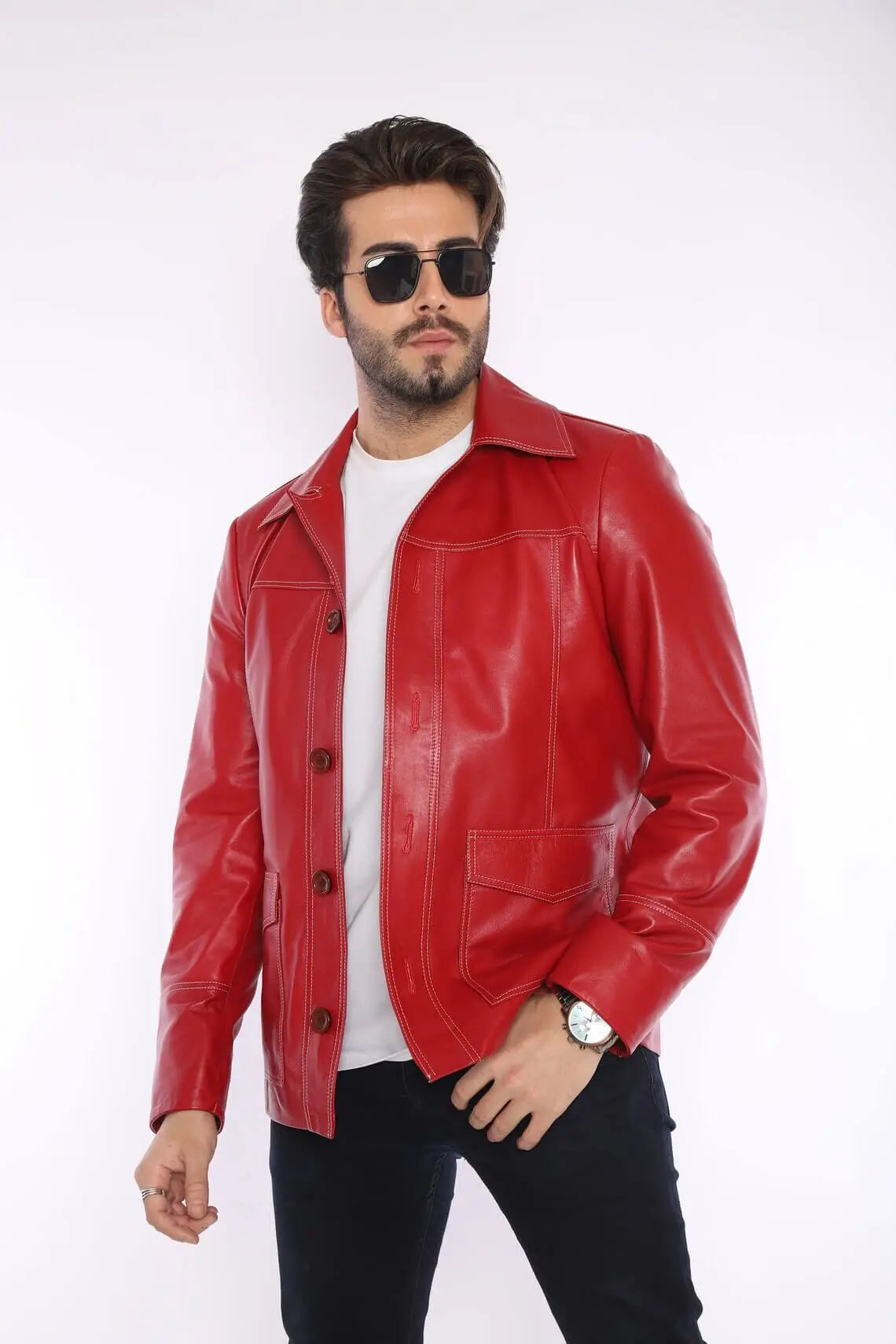 Fight Club Tyler Durden Mayhem Red Leather Jacket (Inspired Style)